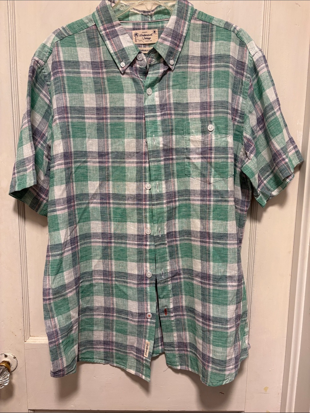 Weatherproof Vintage Linen Green & White Plaid Short-Sleeve Button-Down Shirt L